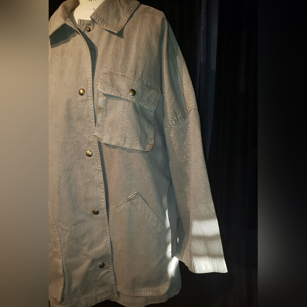 B.R. 100% Cotton olive military green safari oversized denim jacket huge pockets - Picture 7 of 12